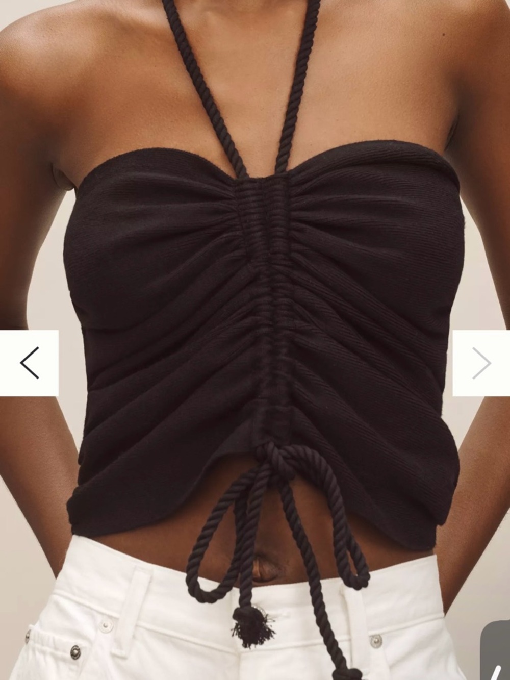 Anthropologie Medium M Black Ruched Halter Tie-Front Top drawcord halter tank